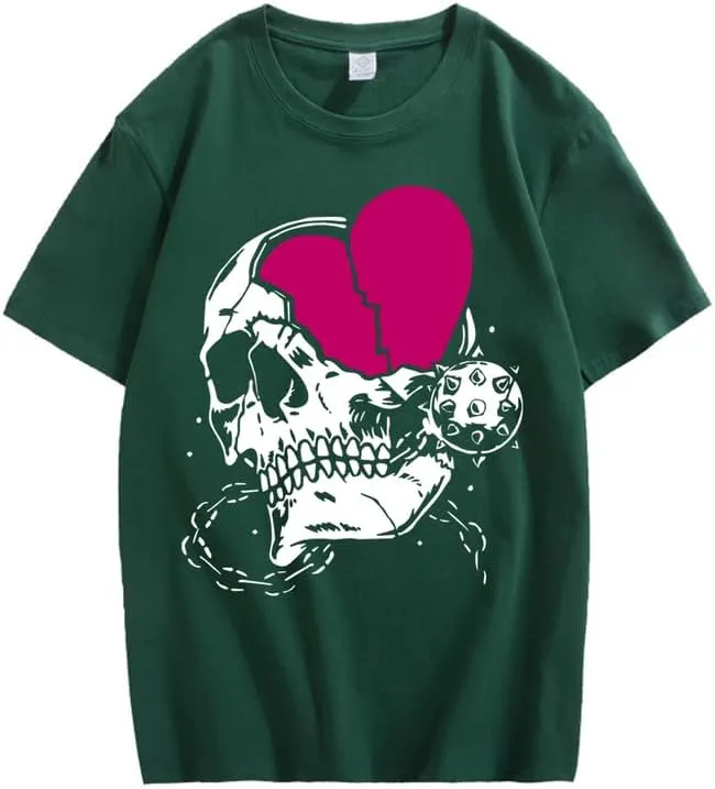 CORIRESHA Teen Cute Heart Crewneck Short Sleeve Casual Summer Cotton Skull T-Shirt