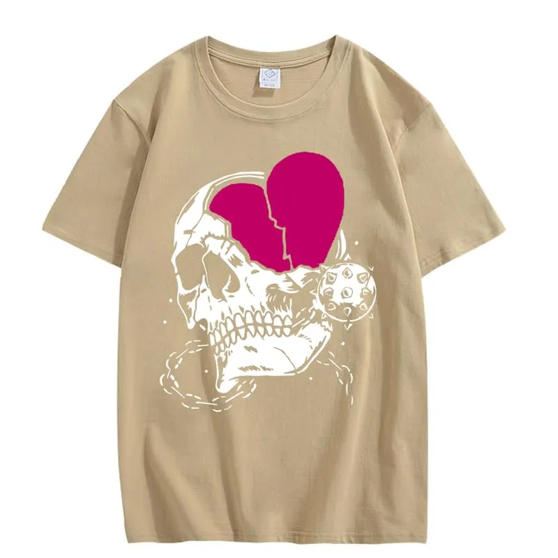 CORIRESHA Teen Cute Heart Crewneck Short Sleeve Casual Summer Cotton Skull T-Shirt