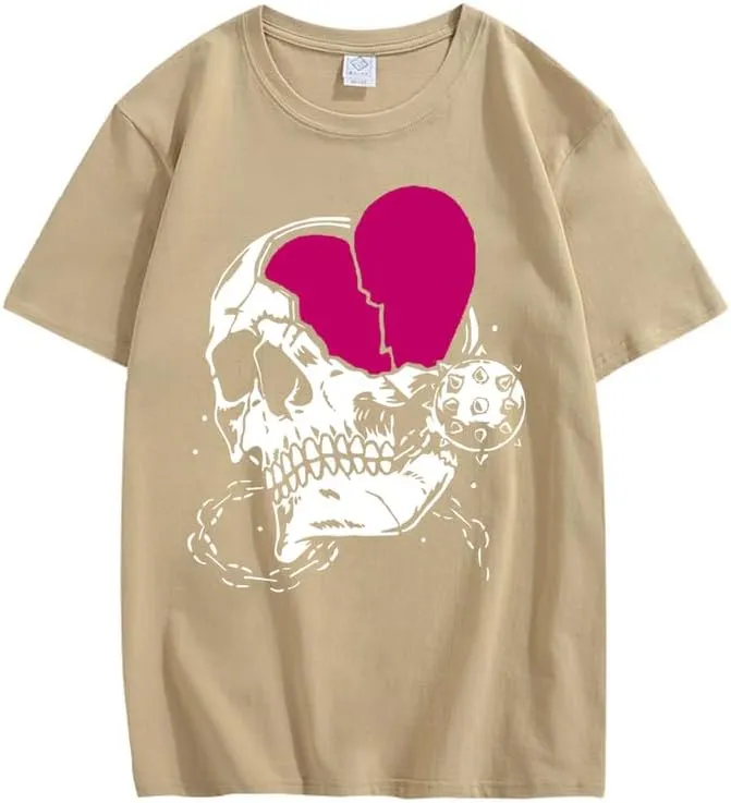 CORIRESHA Teen Cute Heart Crewneck Short Sleeve Casual Summer Cotton Skull T-Shirt