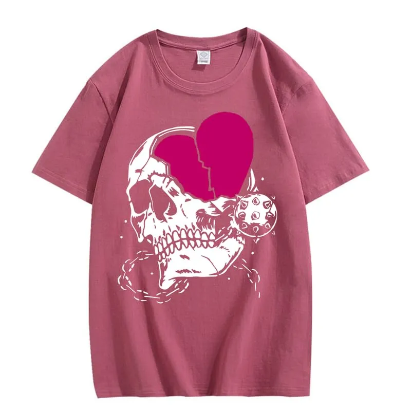 CORIRESHA Teen Cute Heart Crewneck Short Sleeve Casual Summer Cotton Skull T-Shirt