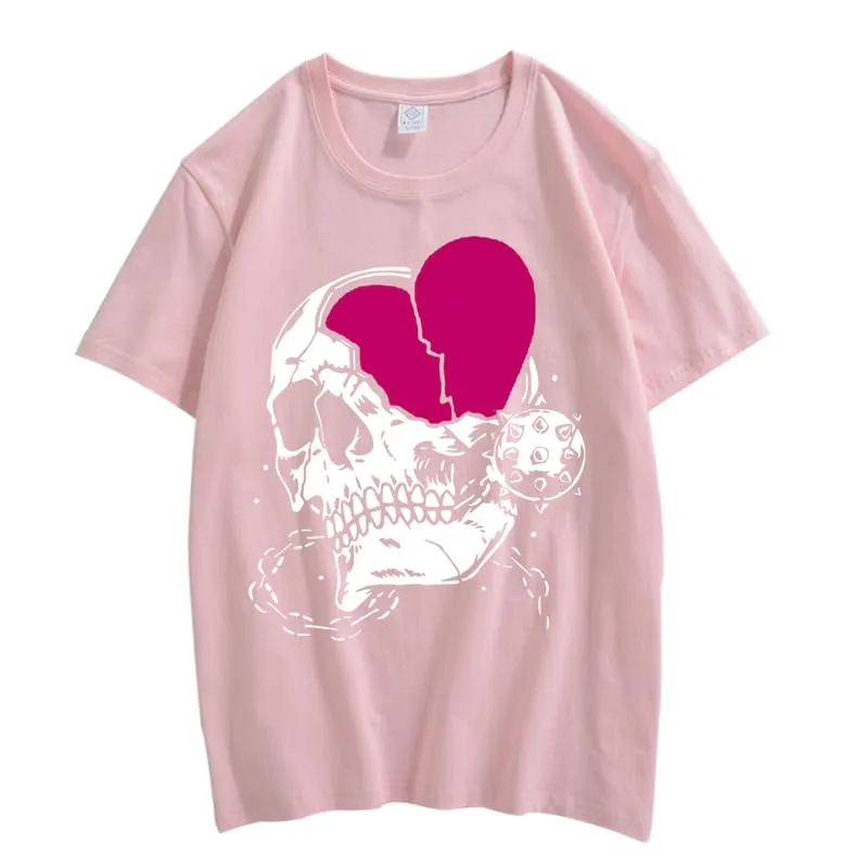 CORIRESHA Teen Cute Heart Crewneck Short Sleeve Casual Summer Cotton Skull T-Shirt