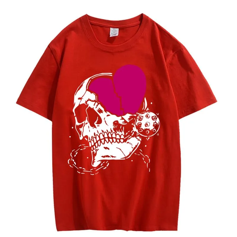 CORIRESHA Teen Cute Heart Crewneck Short Sleeve Casual Summer Cotton Skull T-Shirt