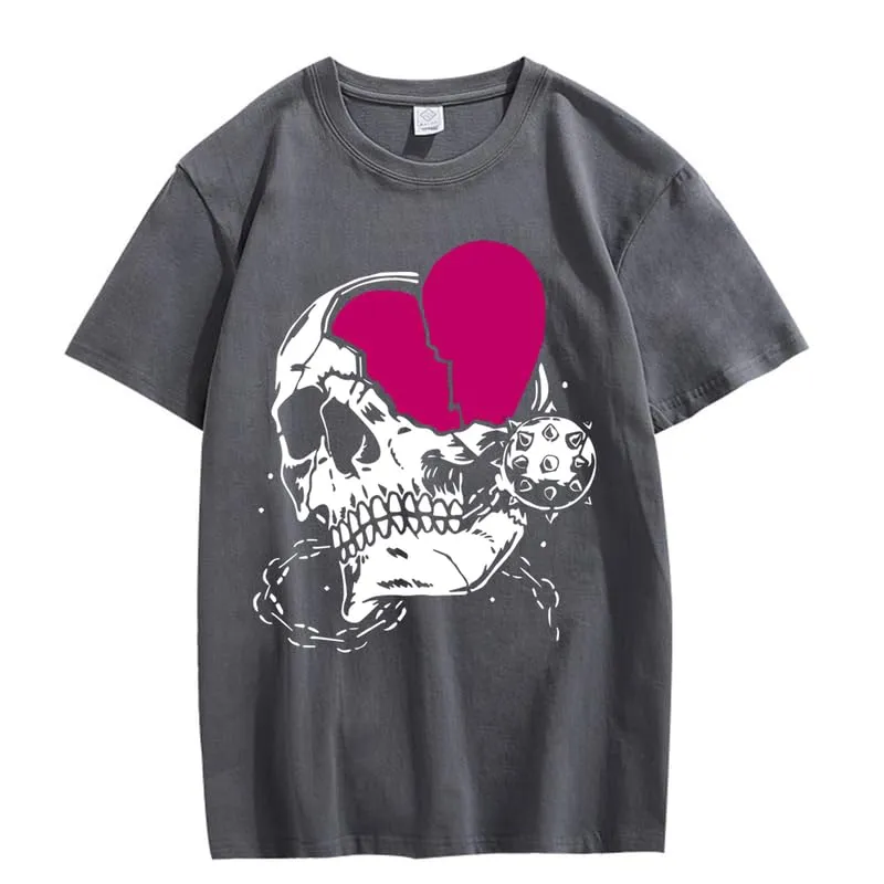 CORIRESHA Teen Cute Heart Crewneck Short Sleeve Casual Summer Cotton Skull T-Shirt