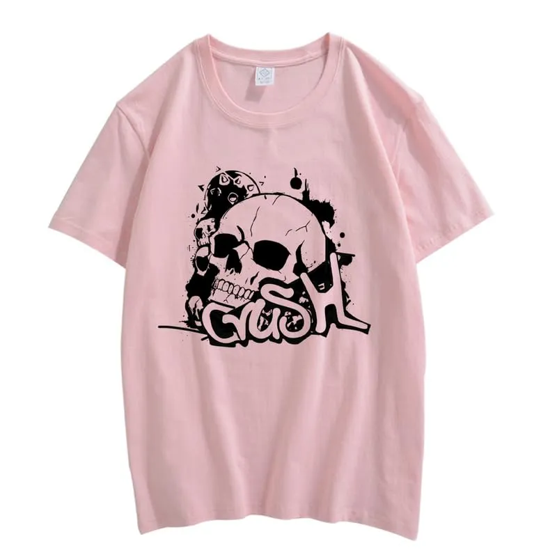 CORIRESHA Teen Skull Y2K Graphic Crewneck Short Sleeve Cotton Halloween Gothic T-Shirt