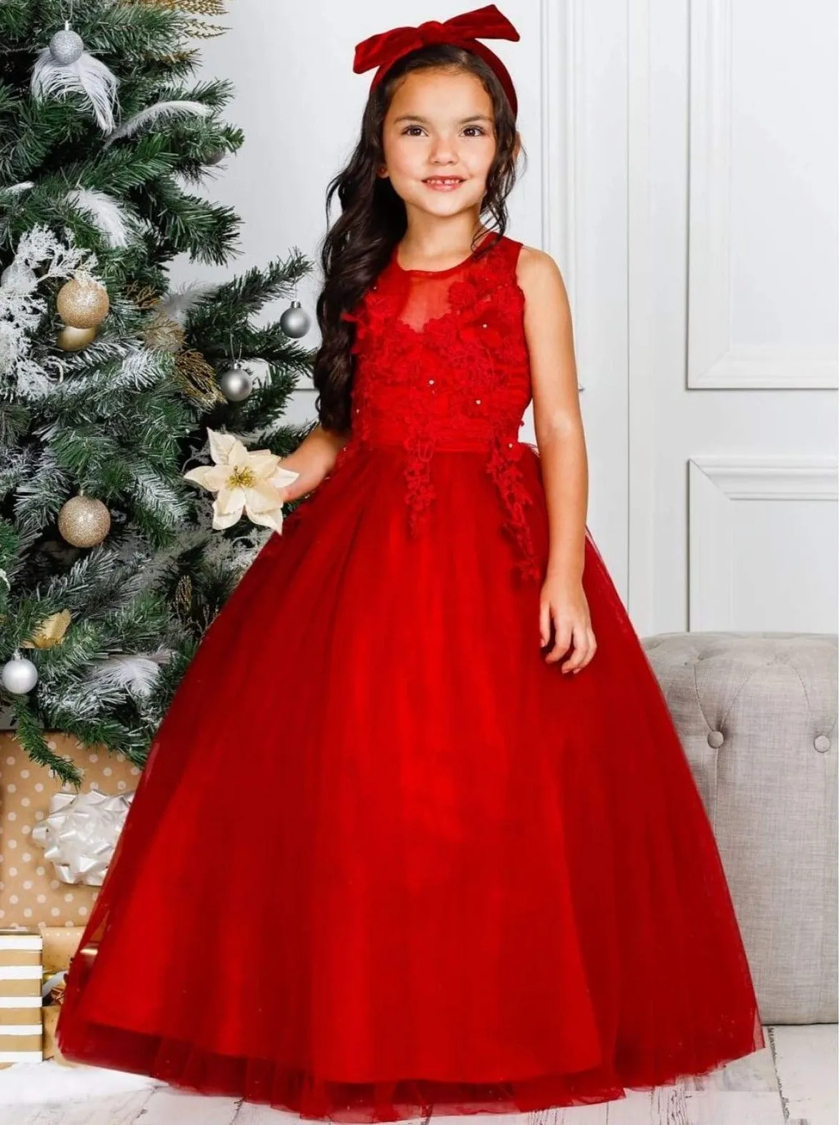 Crimson Chiffon Embroidered Holiday Gown