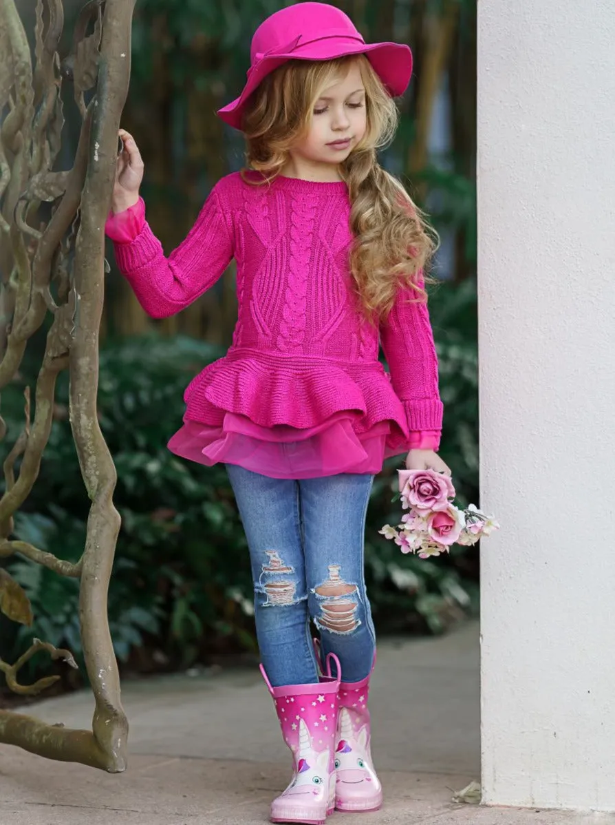 Cute As Pie Hot Pink Cable Knit Tutu Sweater