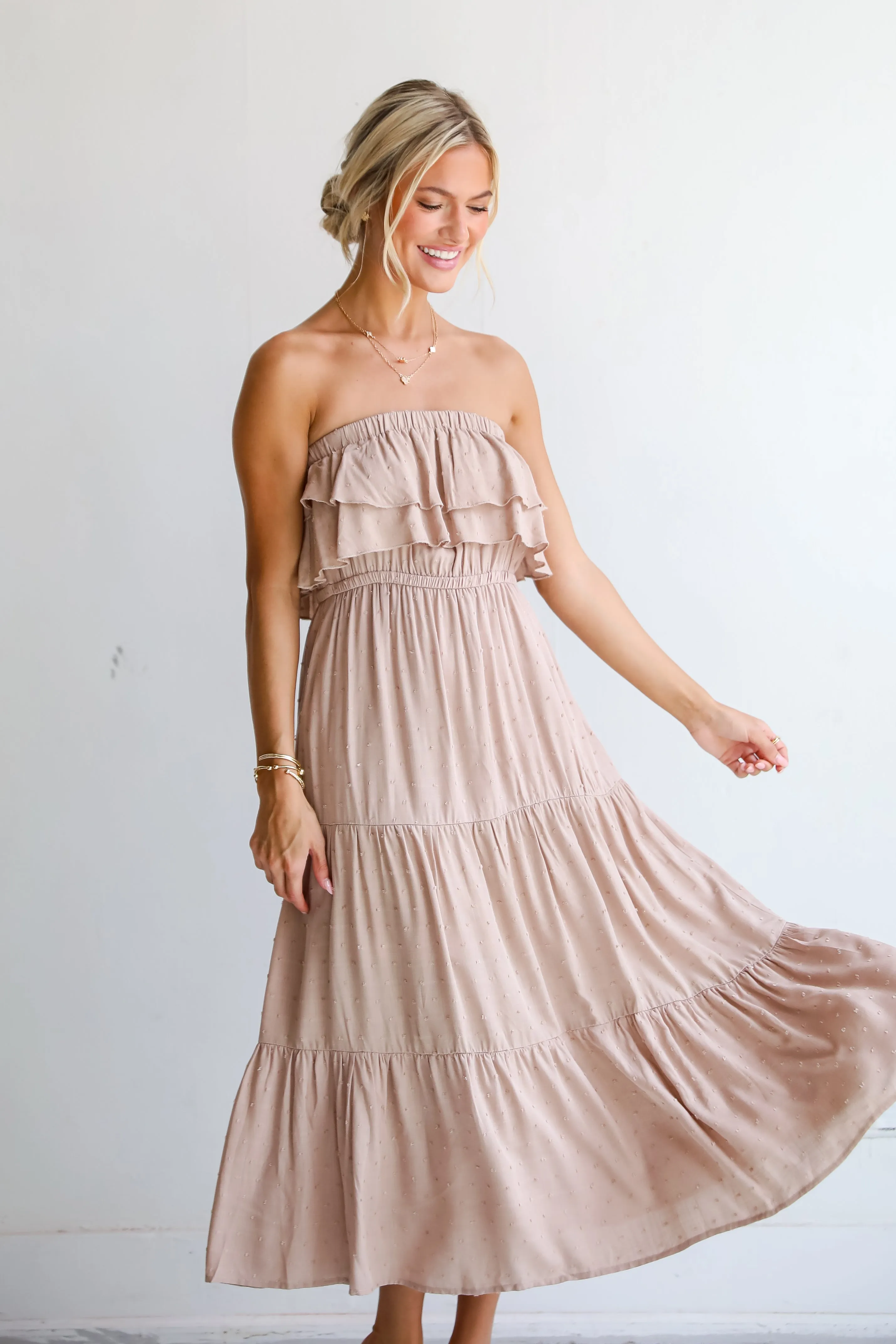 Darling Cuteness Taupe Tiered Strapless Midi Dress