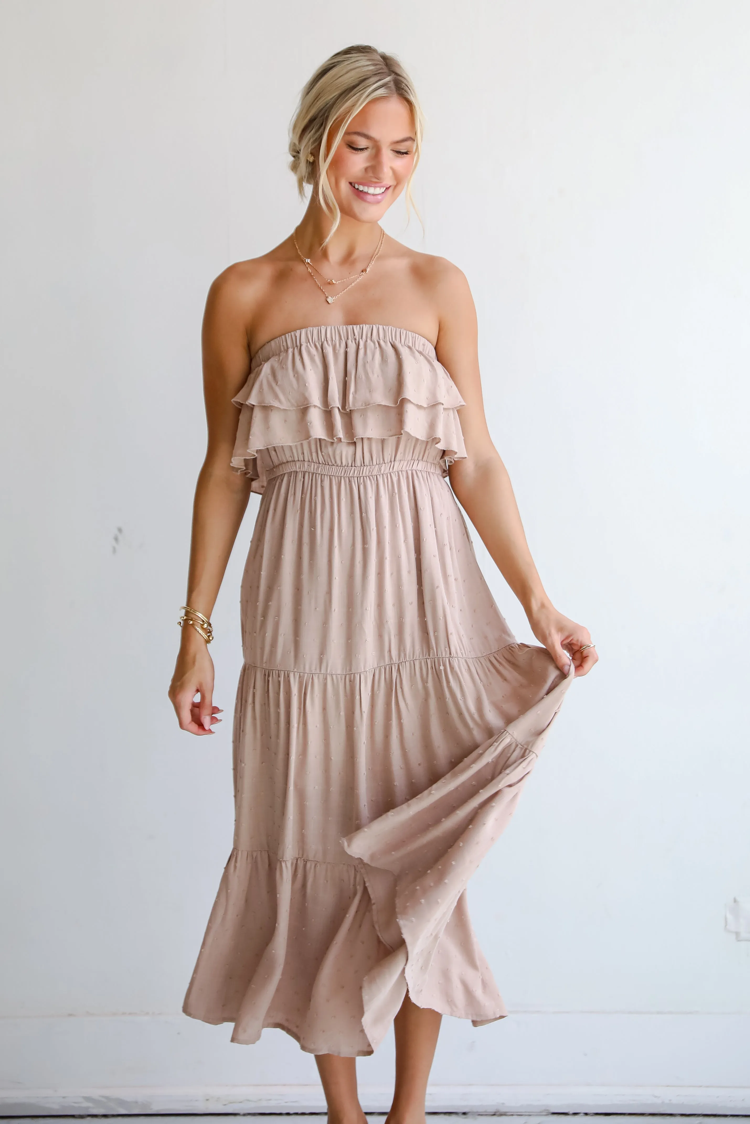 Darling Cuteness Taupe Tiered Strapless Midi Dress