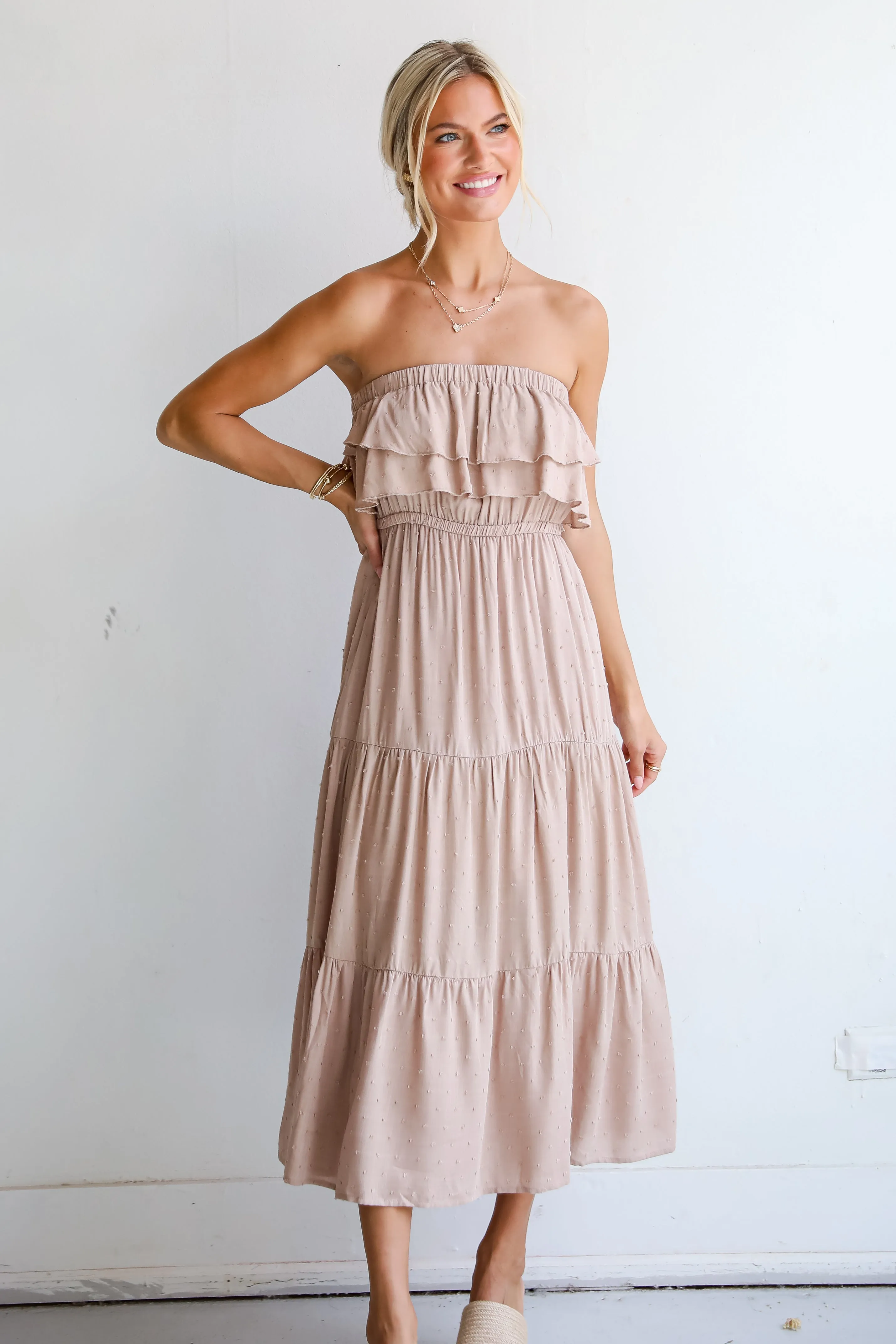 Darling Cuteness Taupe Tiered Strapless Midi Dress