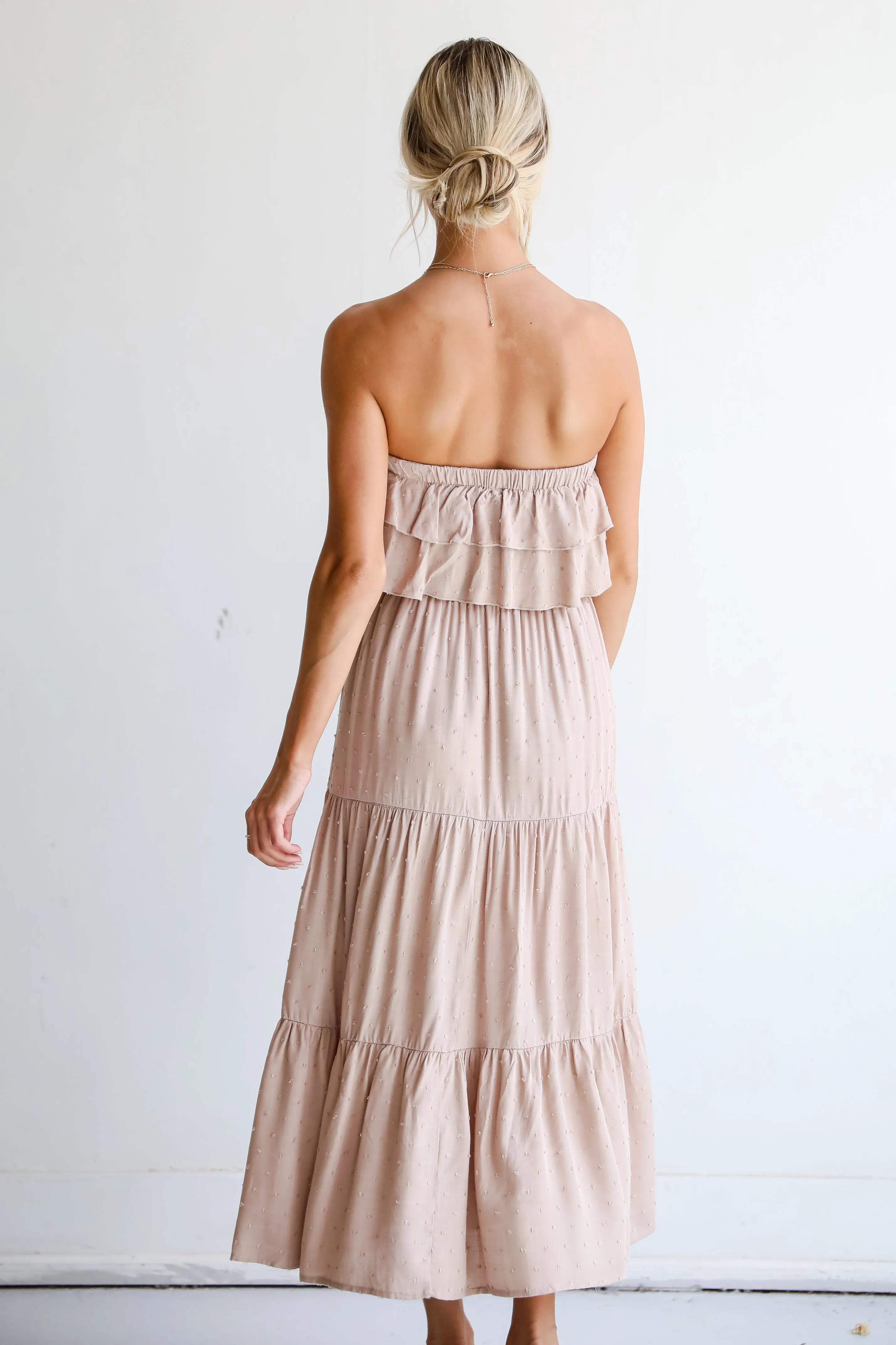 Darling Cuteness Taupe Tiered Strapless Midi Dress