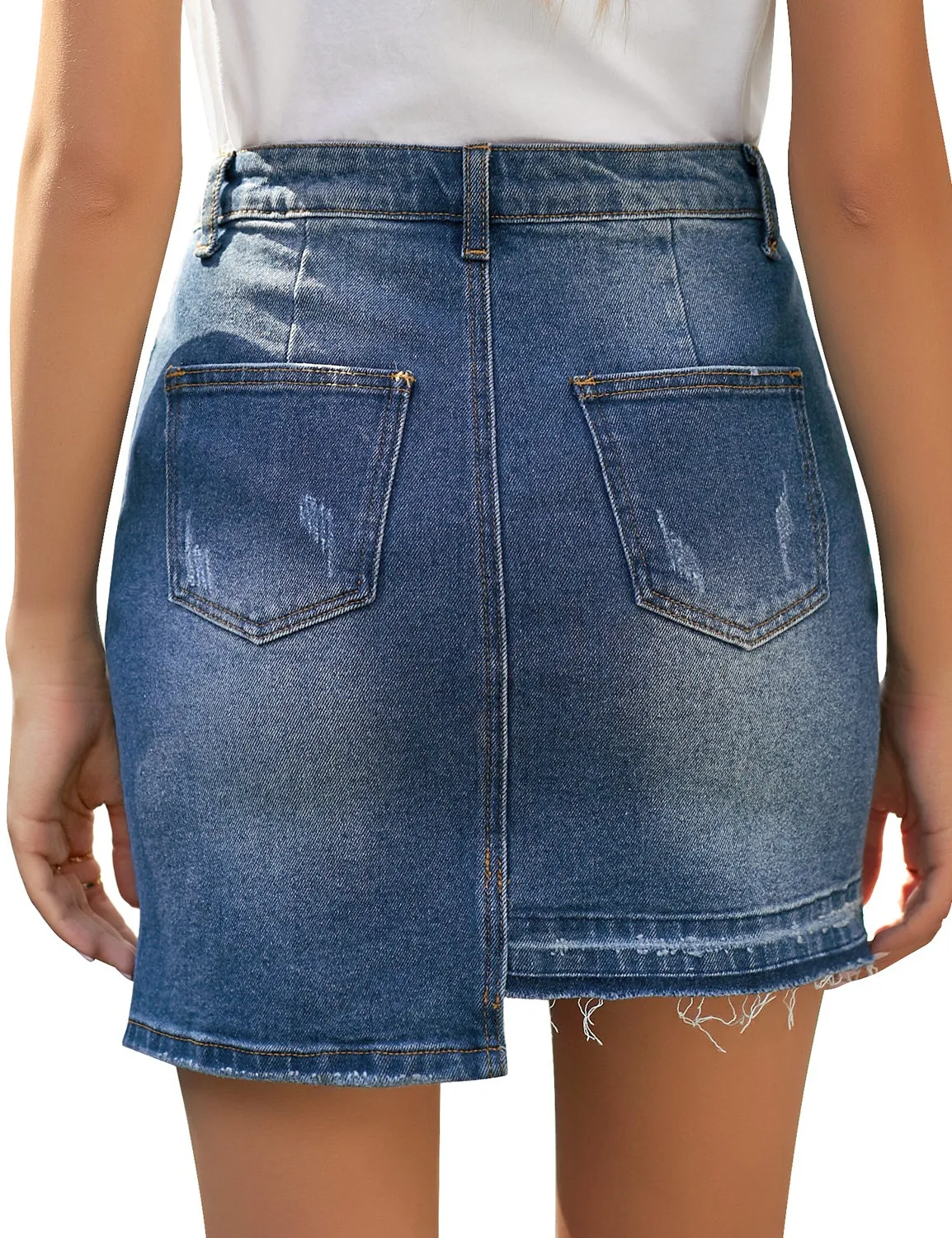 Deep Blue High Waist Distressed High Low Hem Denim Mini Skirt