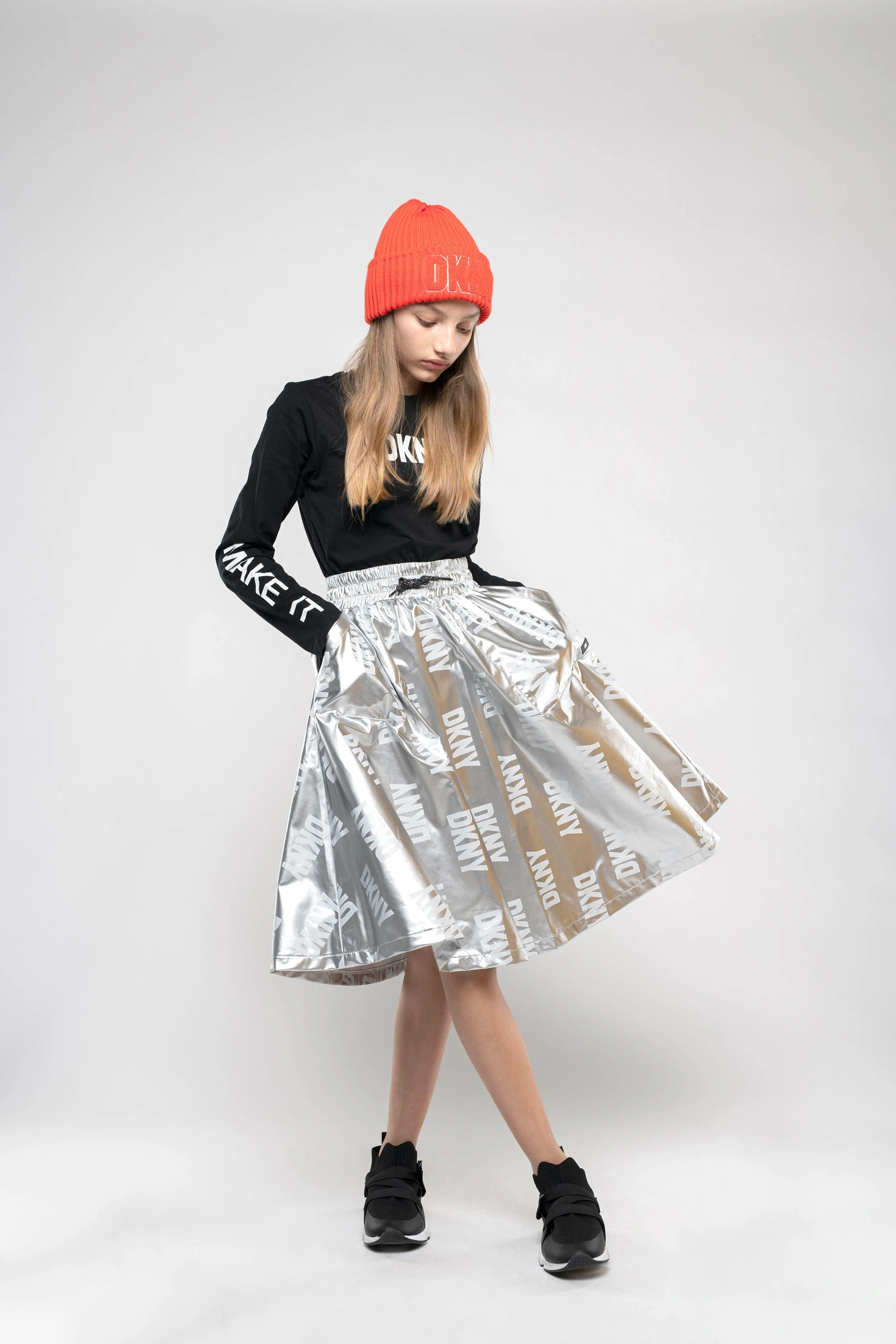 DKNY Girls Logo Midi Skirt in Silver