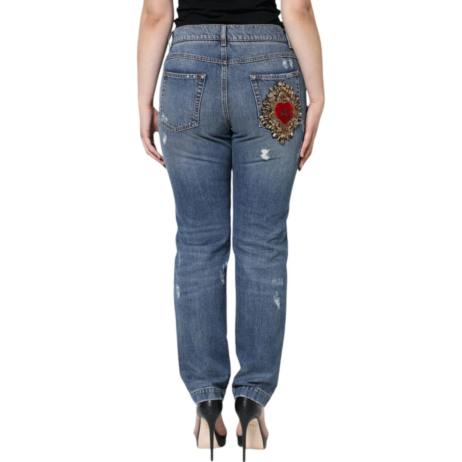 Dolce & Gabbana Blue Cotton Tattered Boyfriend Denim Jeans