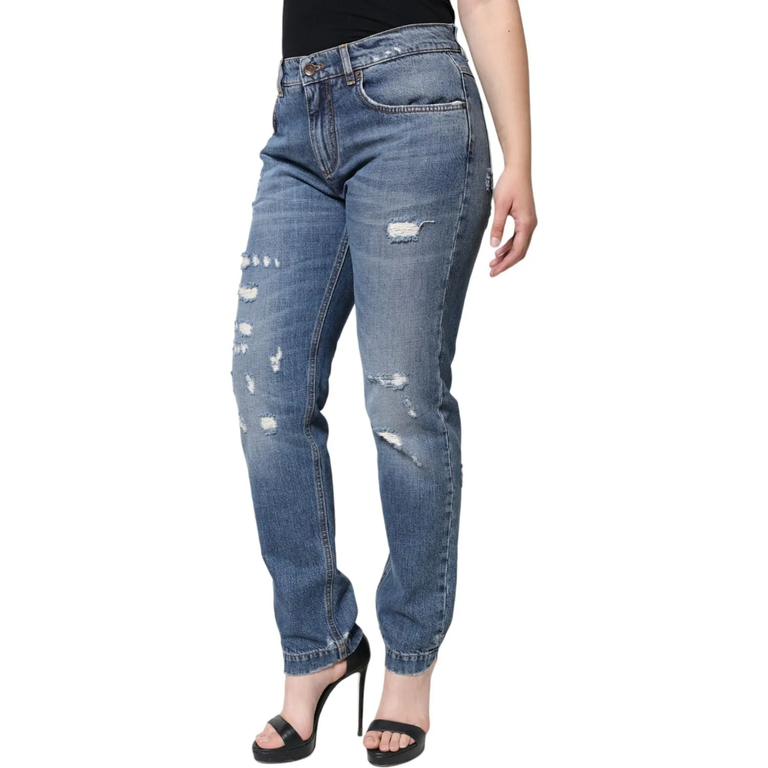 Dolce & Gabbana Blue Cotton Tattered Boyfriend Denim Jeans