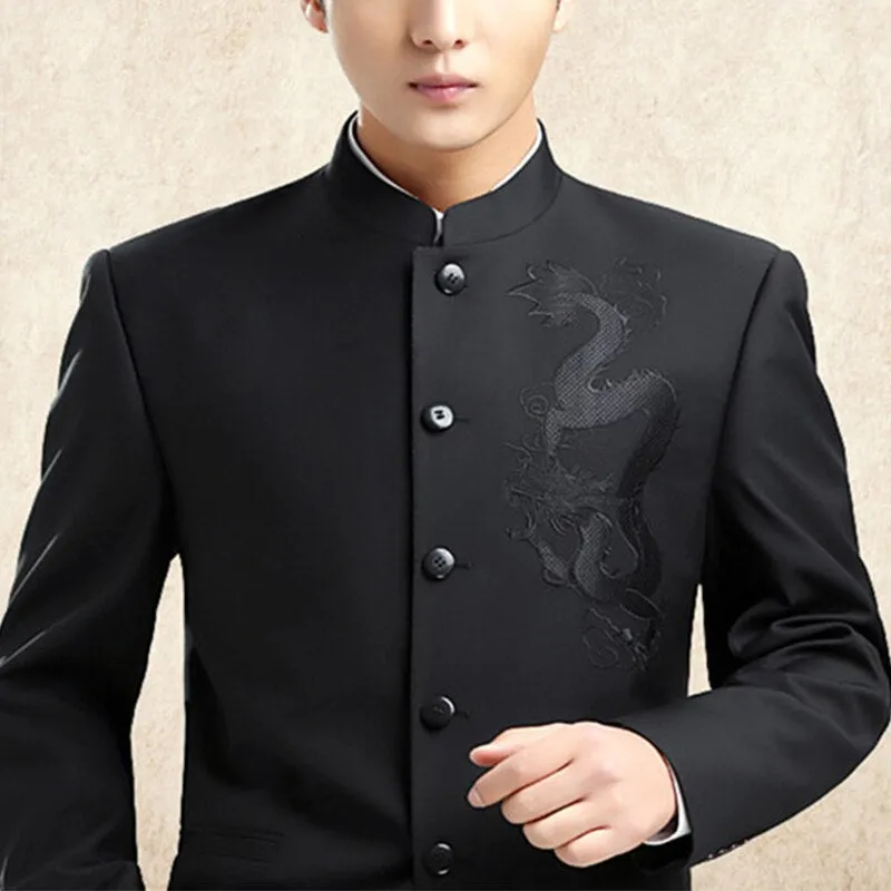 Dragon Embroidery Men Chinese Style Tunic Suit Jacket Mandarin Stand Collar New  Kung Fu Uniform Coat Single Breasted Black