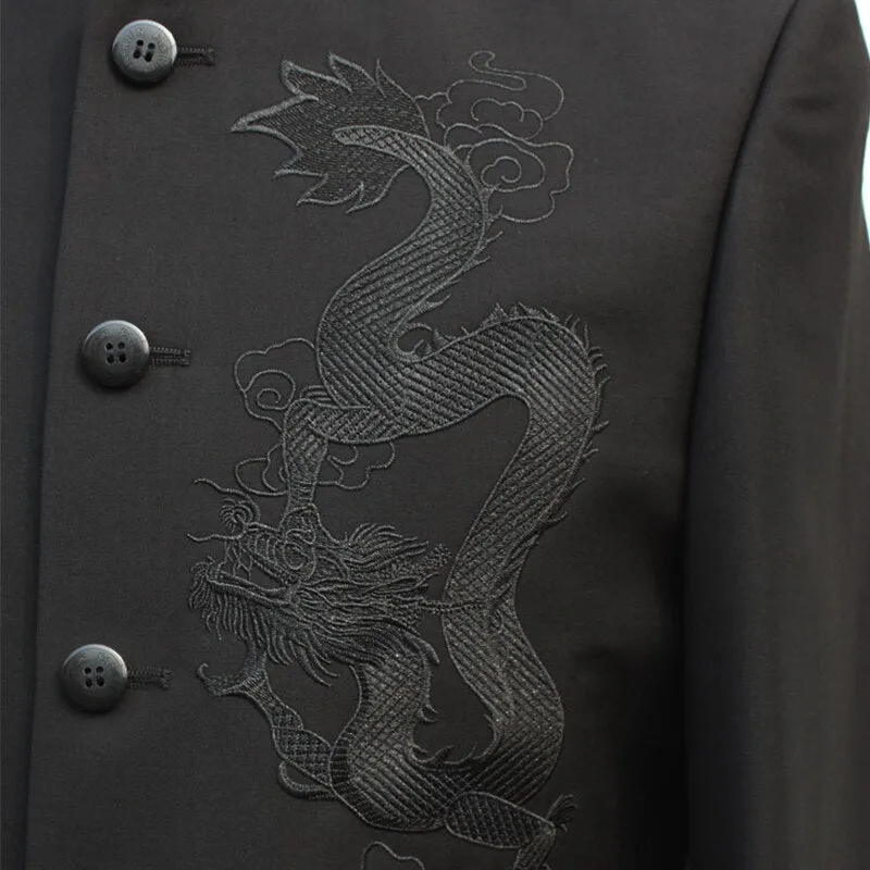 Dragon Embroidery Men Chinese Style Tunic Suit Jacket Mandarin Stand Collar New  Kung Fu Uniform Coat Single Breasted Black