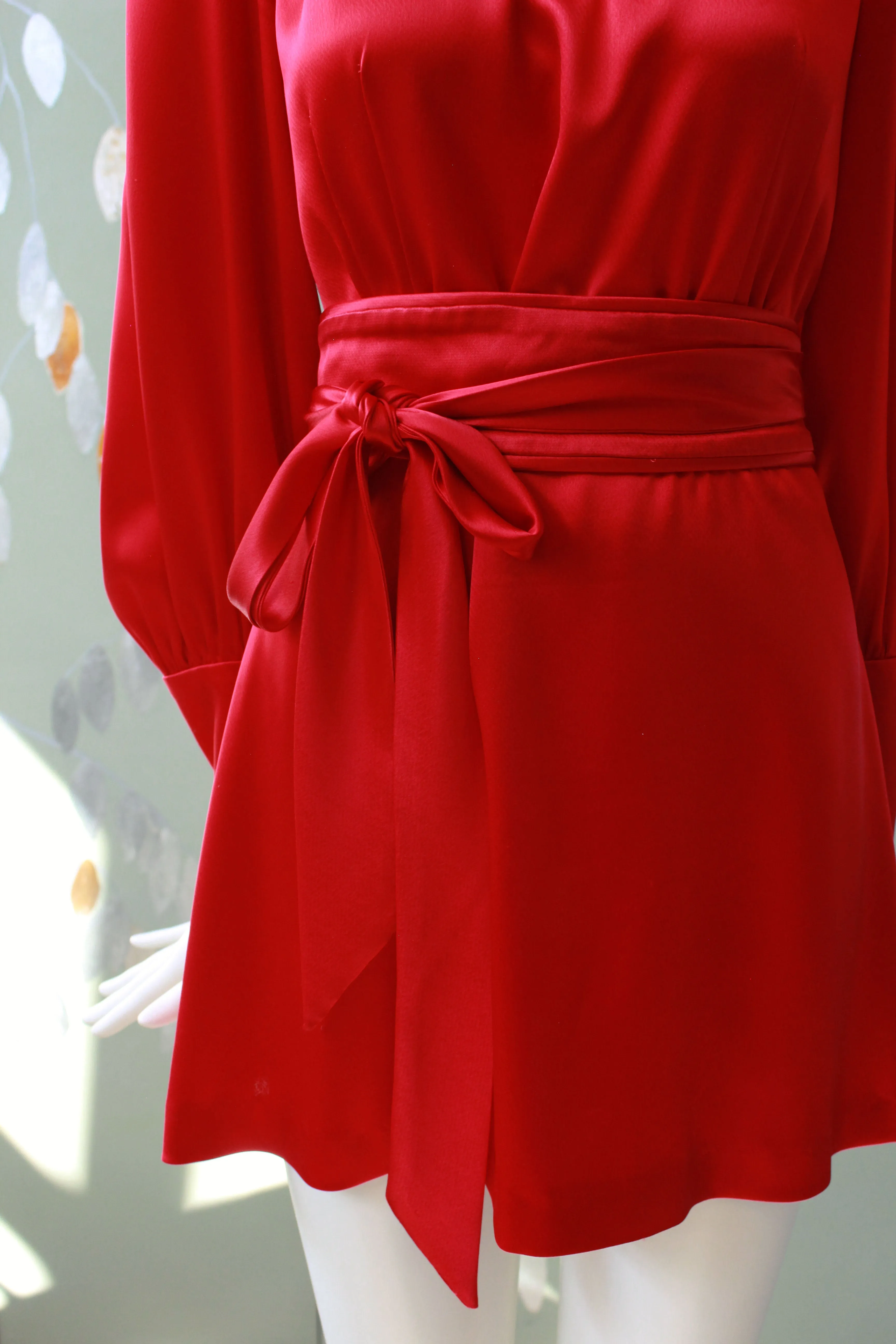 Early 2000s Red Satin Mini Dress With Balloon Sleeves And Fabric Belt, XS