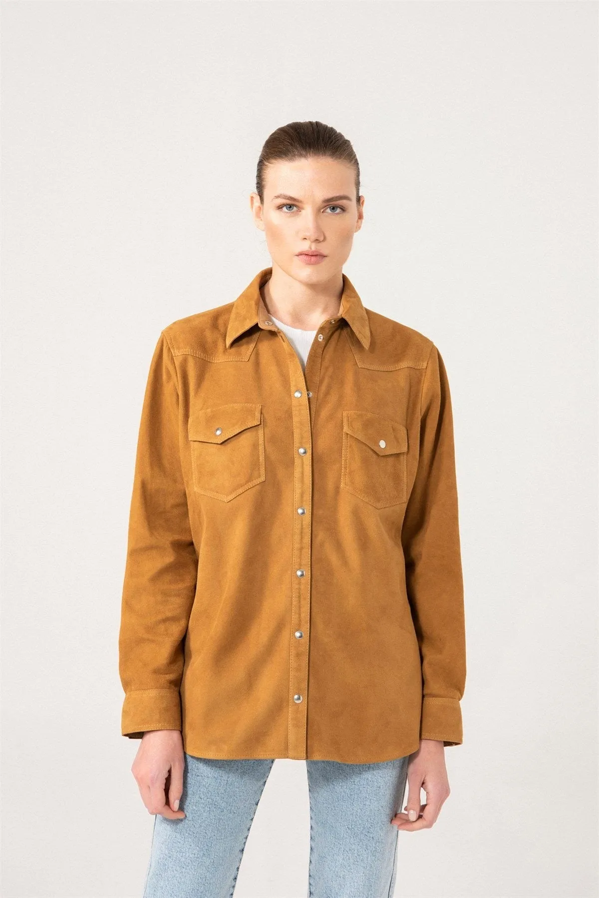 Elegant Women's Camel Suede Shirt Jacket