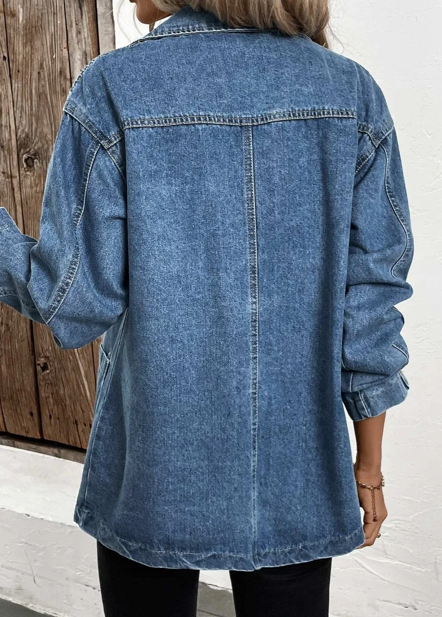 Elovana DESIGN                                                        Denim Blue Patchwork Long Sleeve Lapel Coat