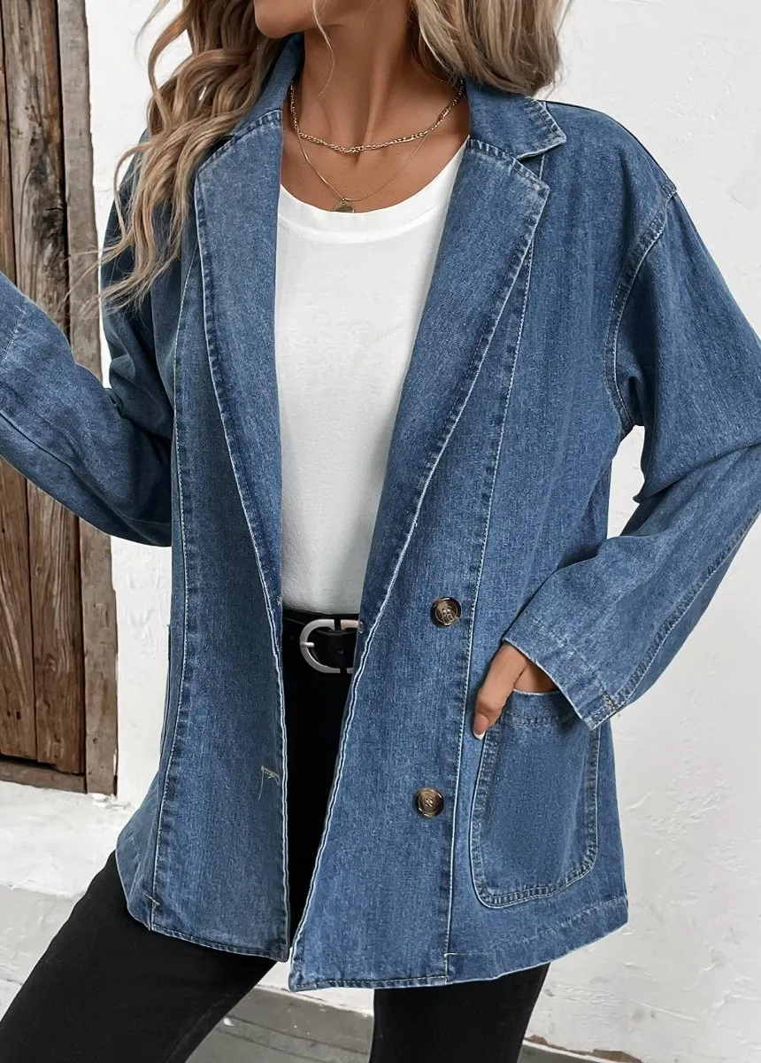 Elovana DESIGN                                                        Denim Blue Patchwork Long Sleeve Lapel Coat