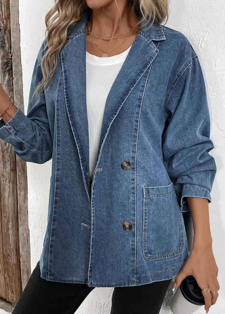 Elovana DESIGN                                                        Denim Blue Patchwork Long Sleeve Lapel Coat