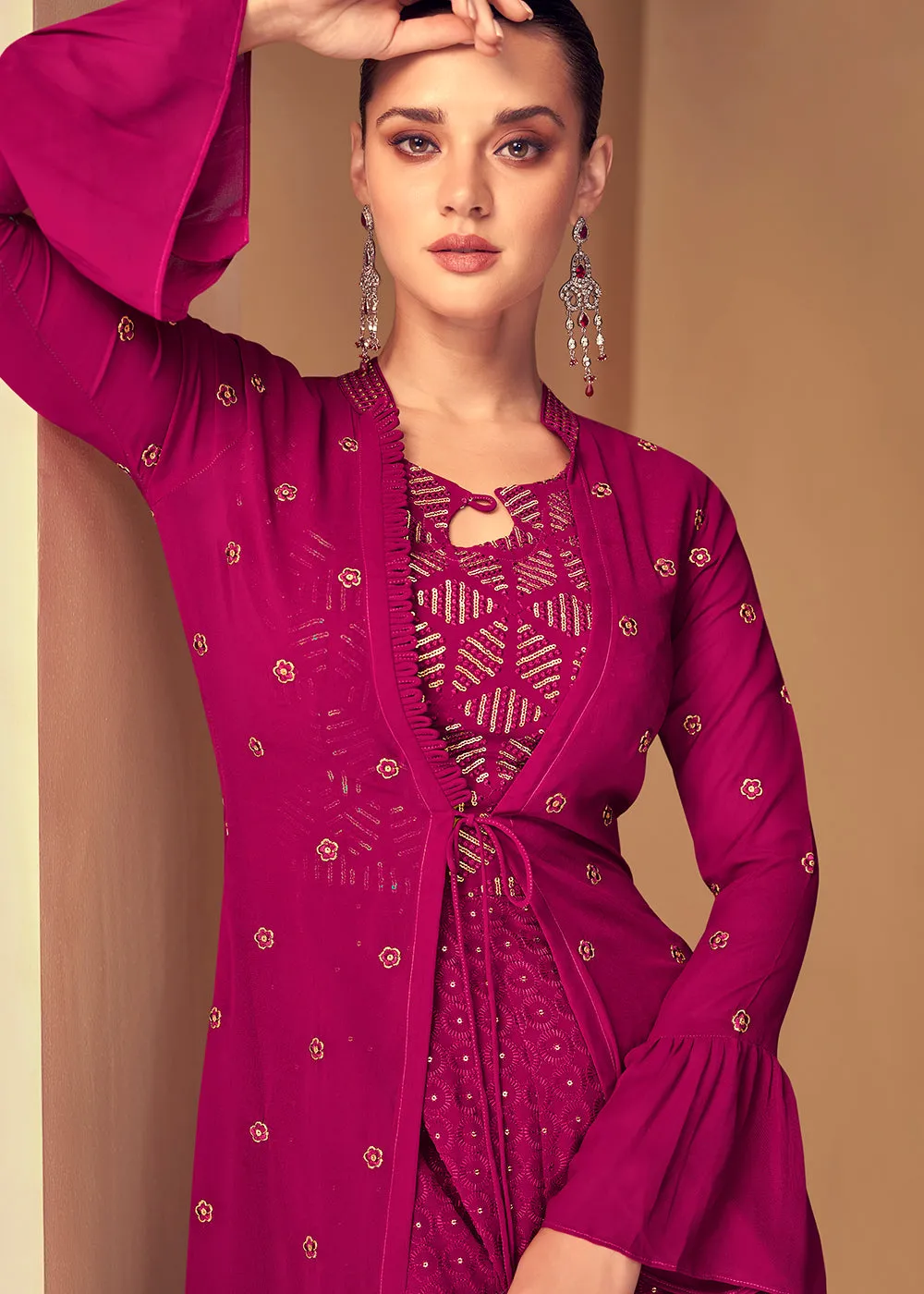 Engrossing Rani Pink Jacket Style Party Wear Indo Western Dress