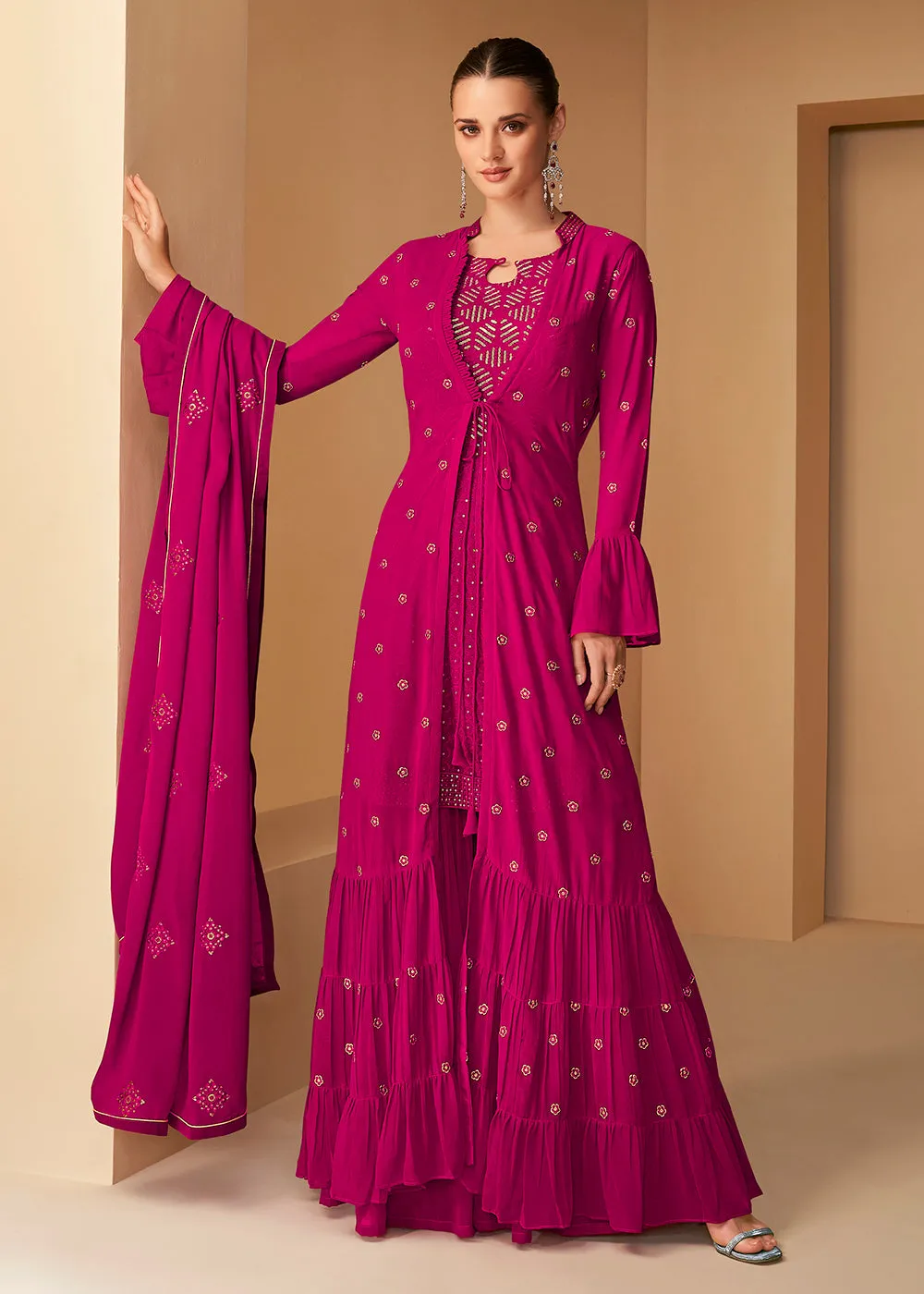 Engrossing Rani Pink Jacket Style Party Wear Indo Western Dress