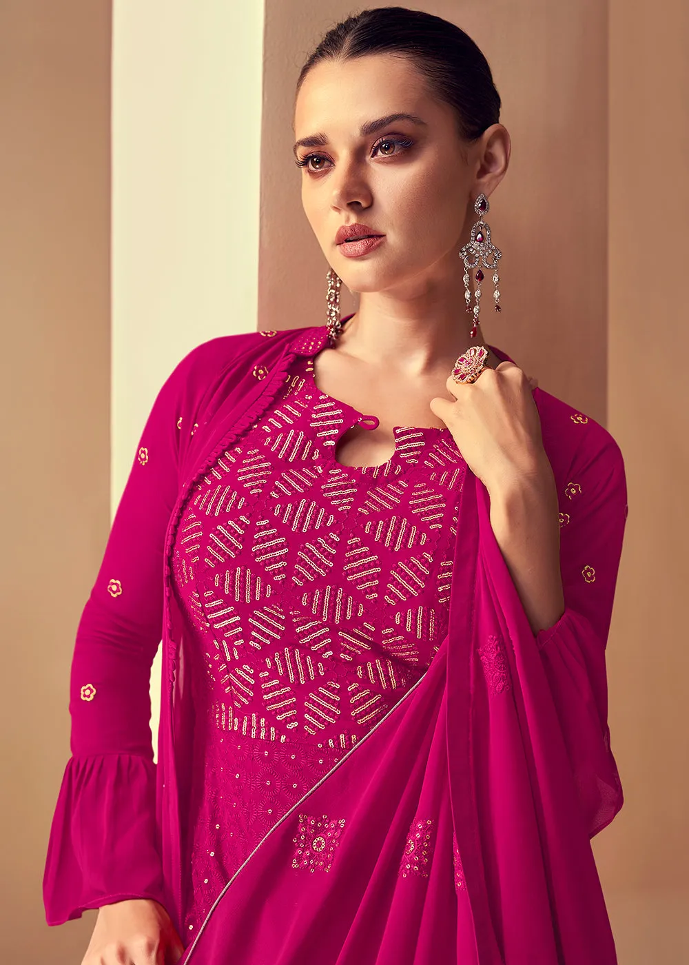 Engrossing Rani Pink Jacket Style Party Wear Indo Western Dress