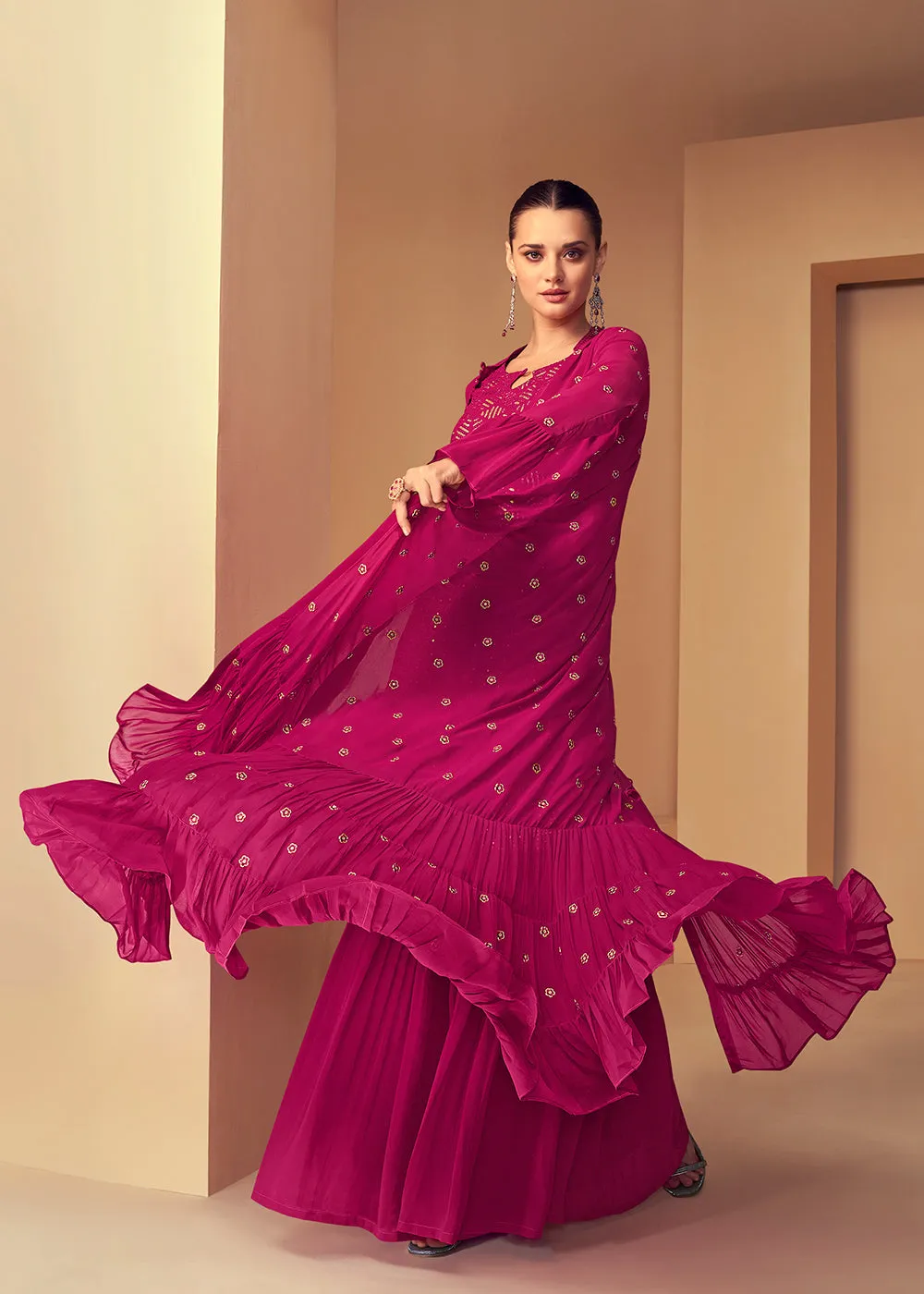 Engrossing Rani Pink Jacket Style Party Wear Indo Western Dress