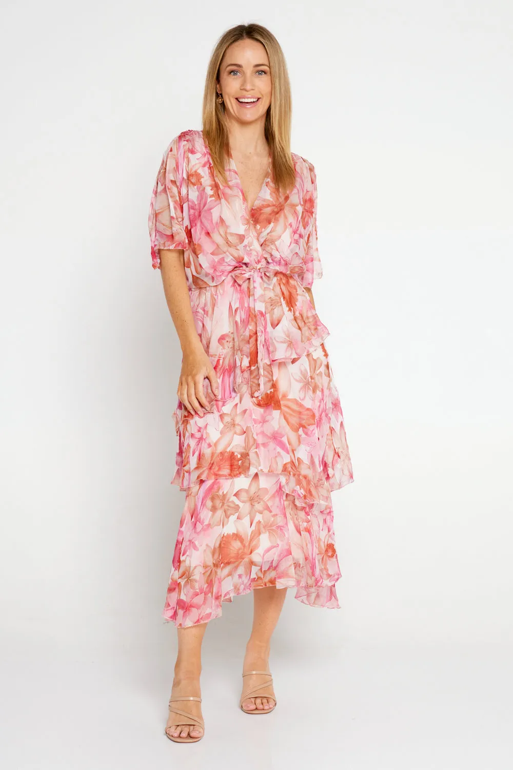 Estelle Chiffon Dress - Pink Tropical Floral