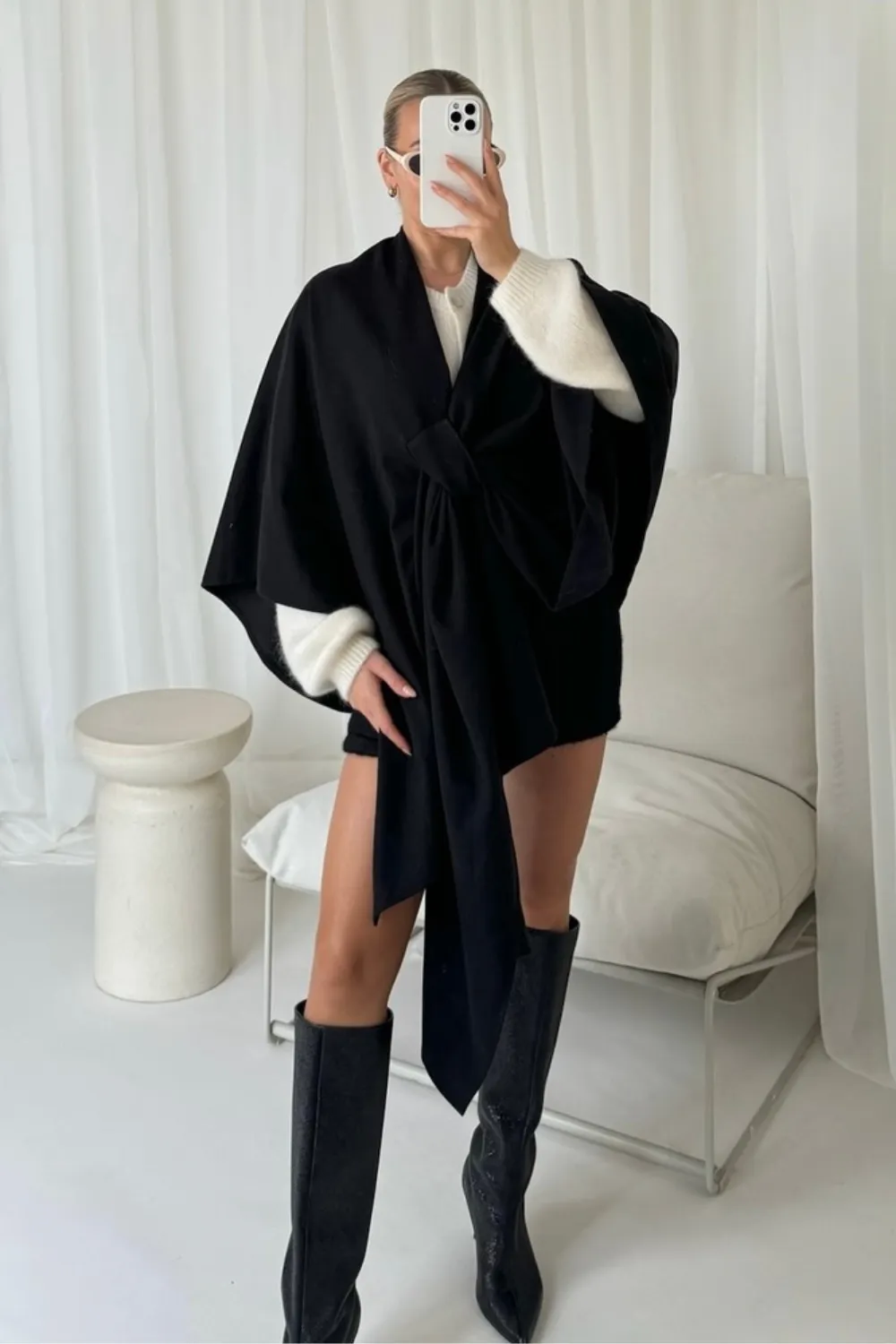 Faith black wrap tie cape