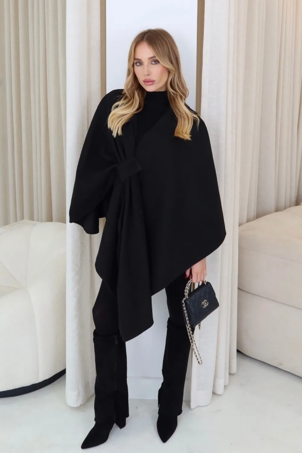 Faith black wrap tie cape