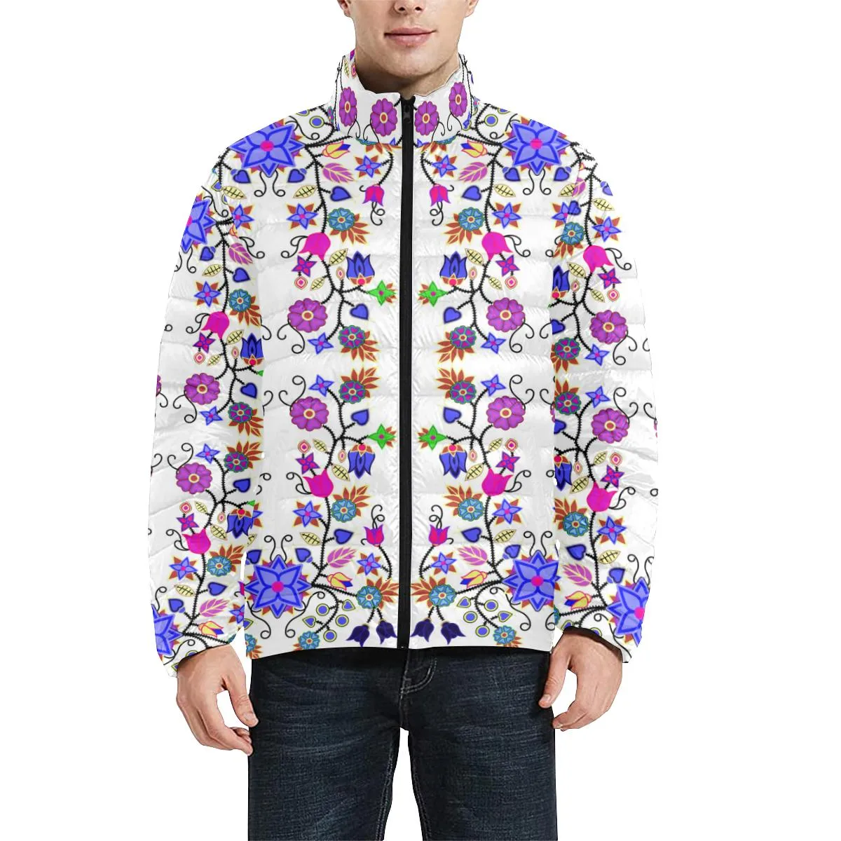 Floral Beadwork Seven Clans White Men's Stand Collar Padded Jacket