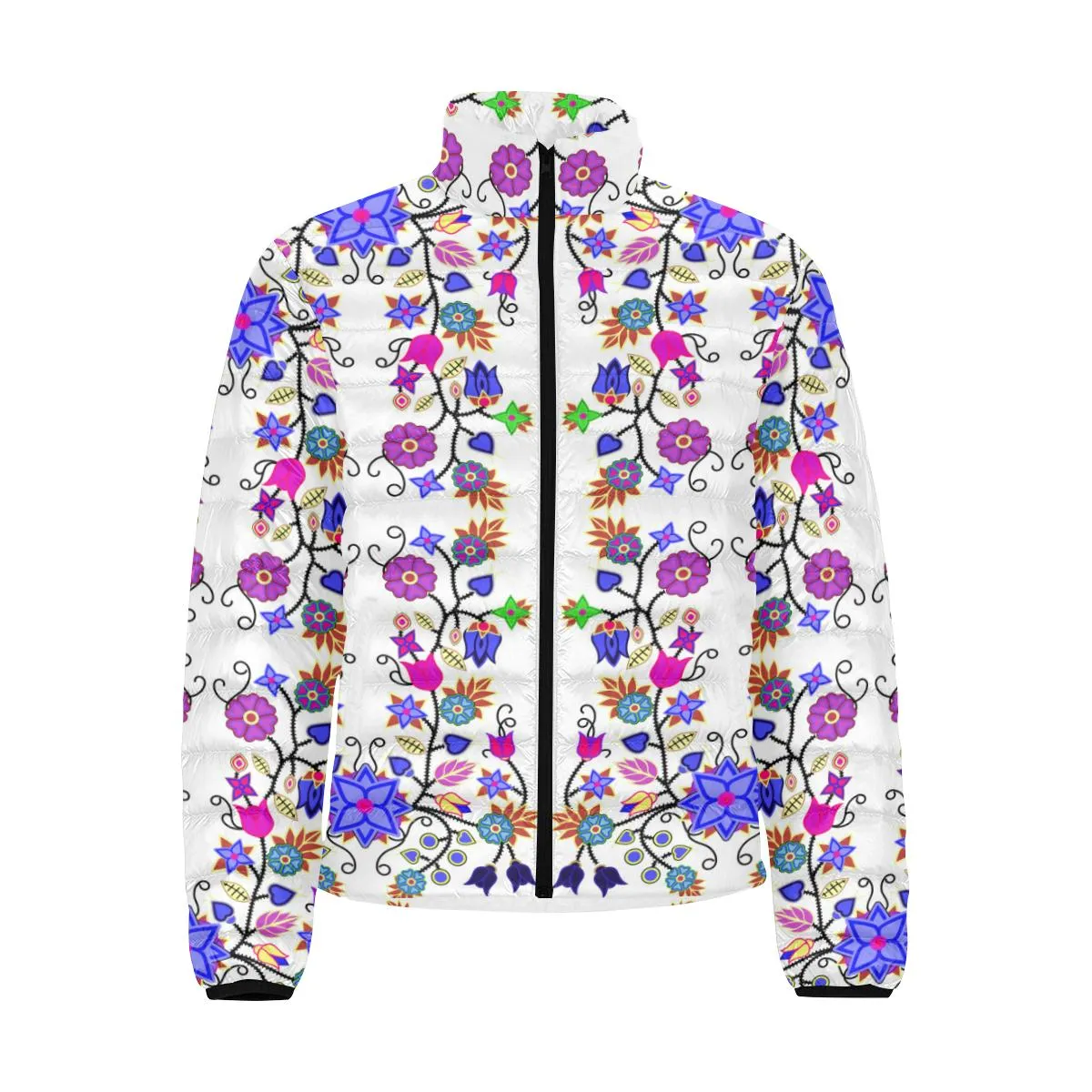 Floral Beadwork Seven Clans White Men's Stand Collar Padded Jacket