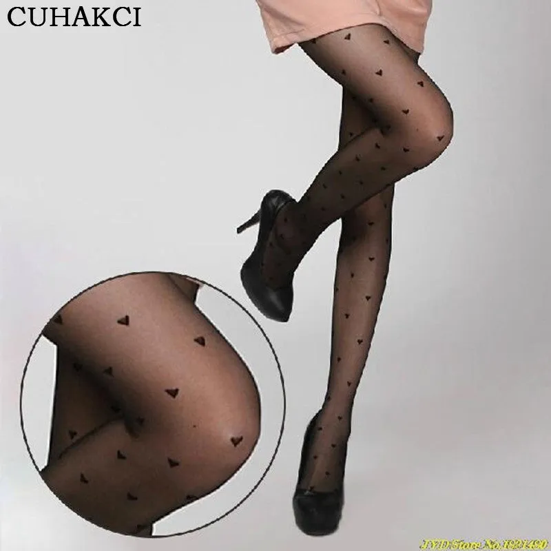 Free Shippig High Quality All-match Peach Love Heart Sexy Transparent Pantyhose Black Stockings Fashion Women's Tights