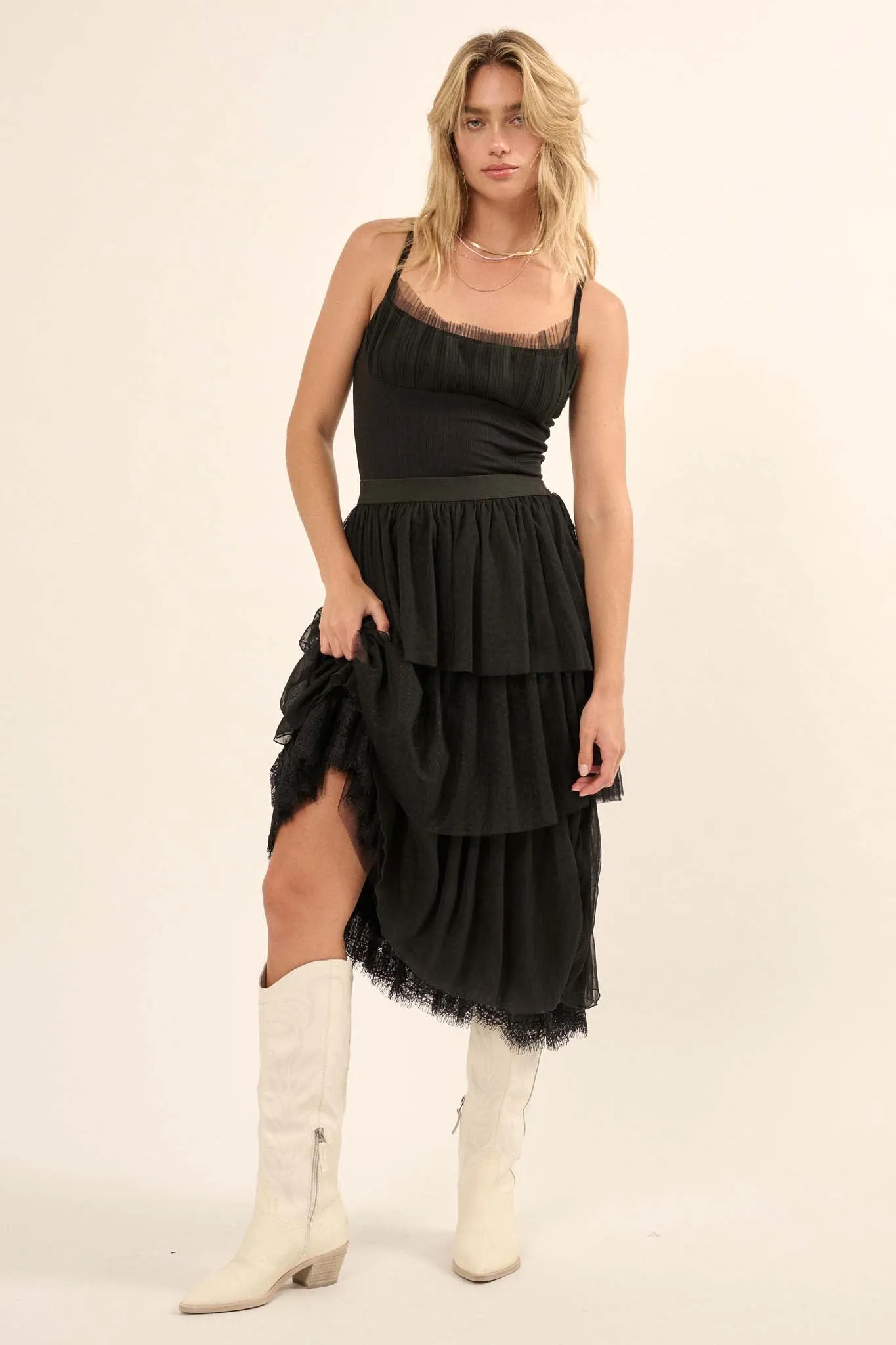 Frilly Flirt Asymmetrical Tiered Ruffle Maxi Skirt