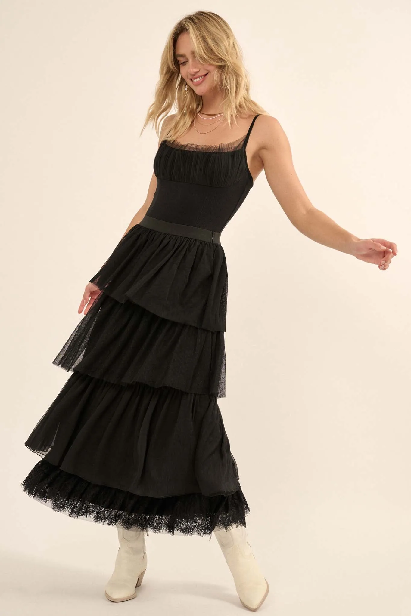 Frilly Flirt Asymmetrical Tiered Ruffle Maxi Skirt