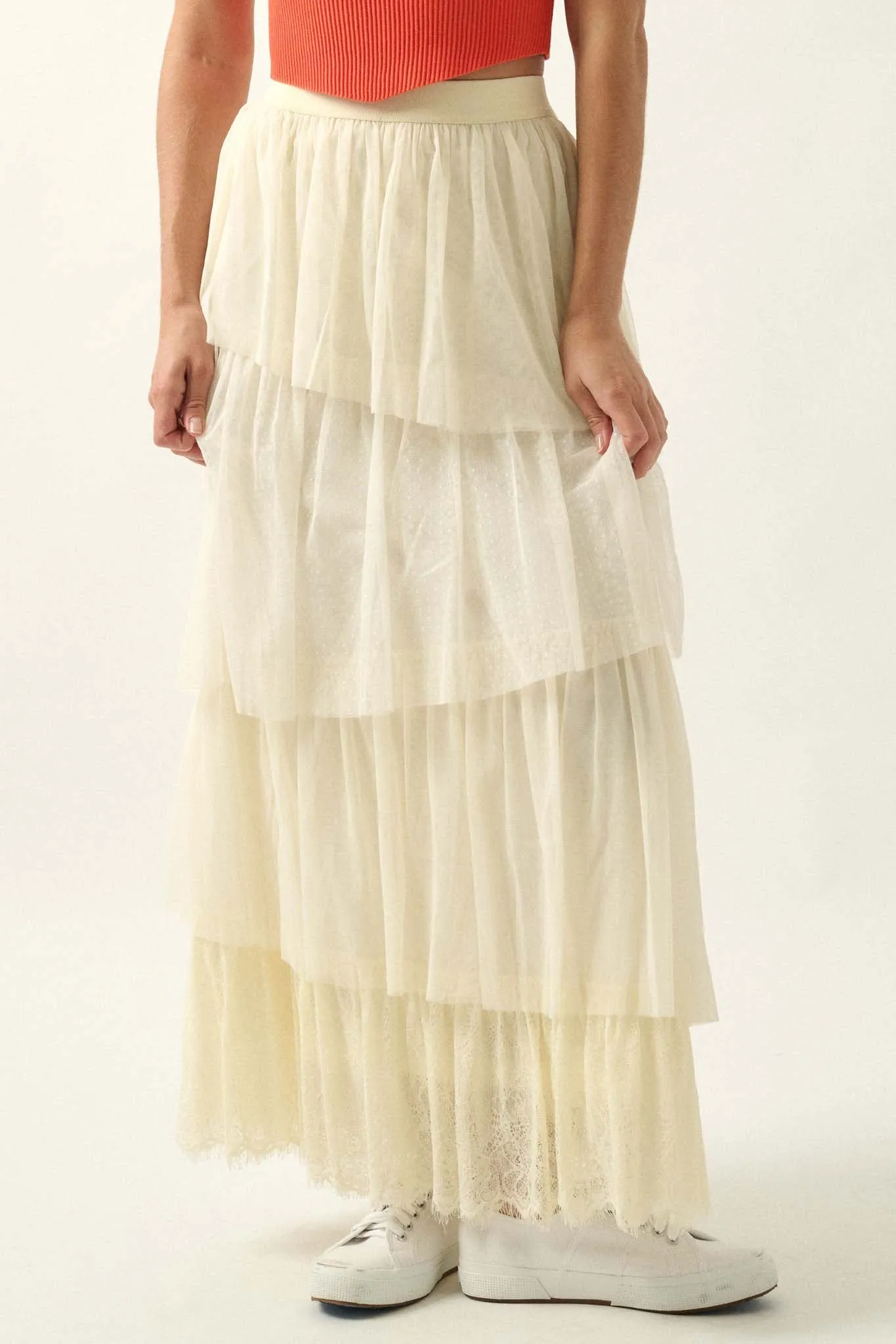 Frilly Flirt Asymmetrical Tiered Ruffle Maxi Skirt