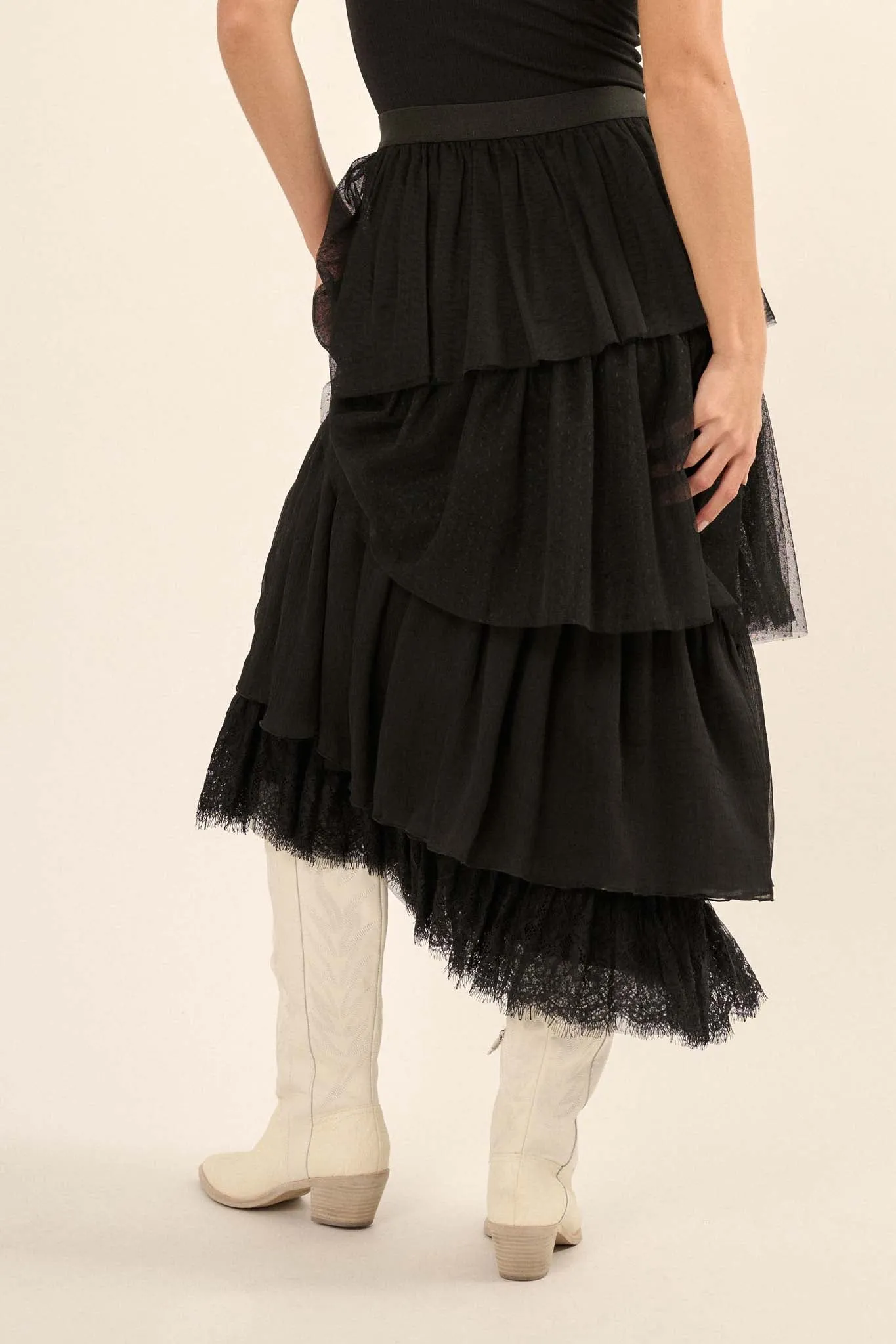 Frilly Flirt Asymmetrical Tiered Ruffle Maxi Skirt