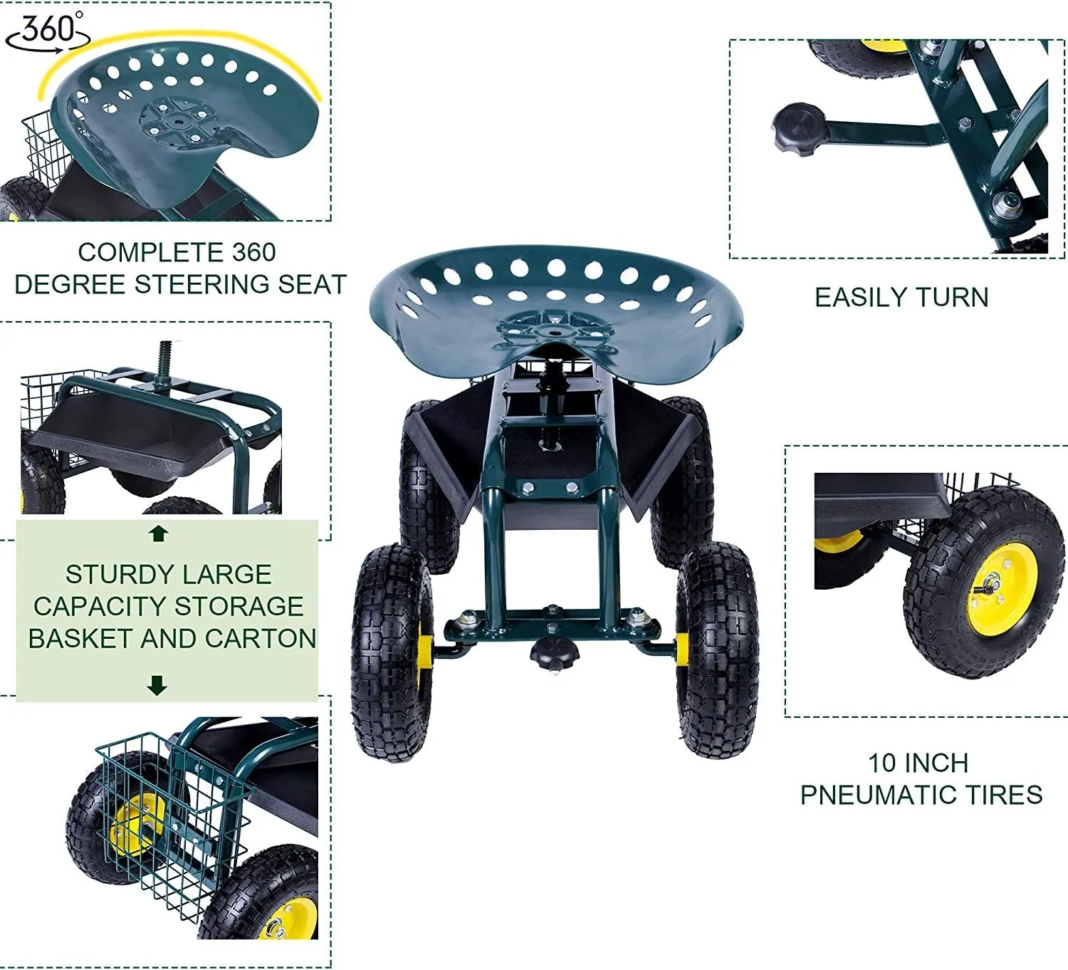 Garden Cart Wagon Scooter Rolling Yard Work Seat  with Tool Tray and 360 Swivel Seat