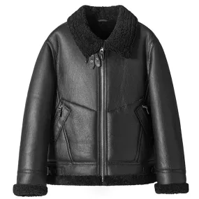 Genuine Style Mens Black Winter Sheepskin B-3 Bomber Leather Jacket