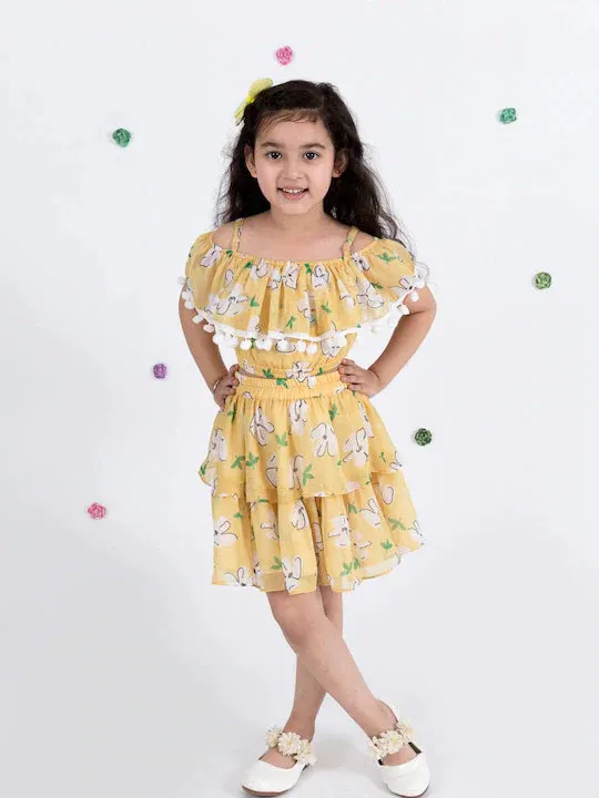 Girls Yellow Floral Print Off Shoulder Top Skirt Set - Ps Peaches