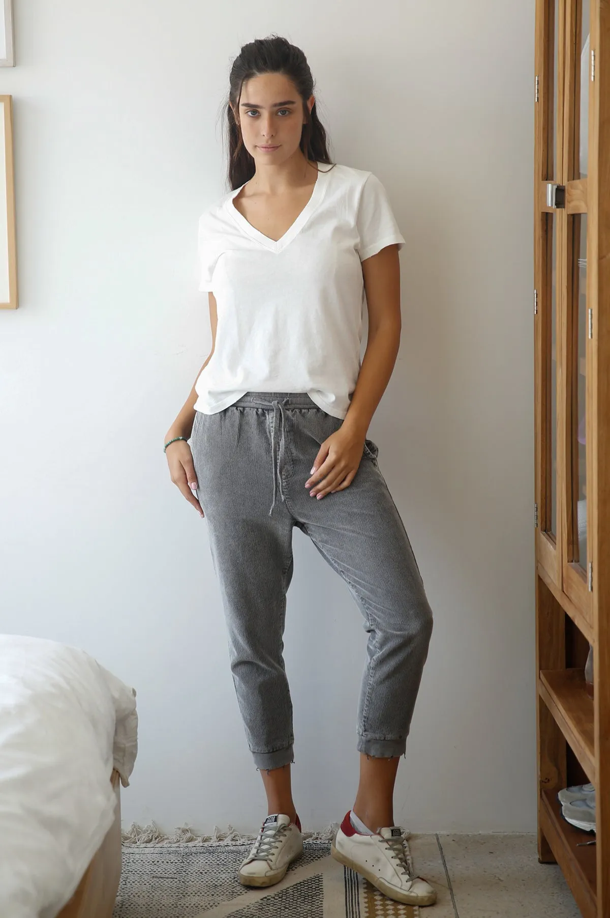 Grey Elastic Ribbed Corduroy Pants