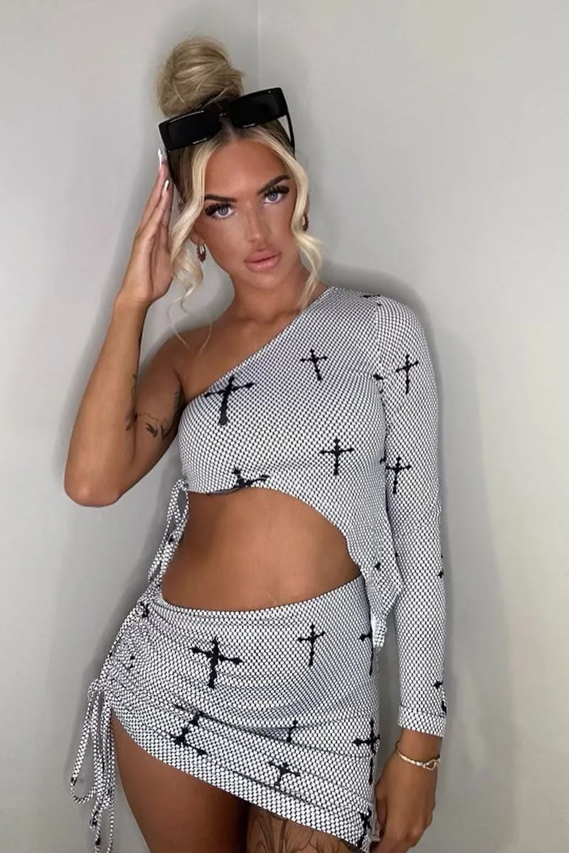 Grey One Sleeve Cross Print Side Asymmetric Top & Mini Skirt Set - Paloma