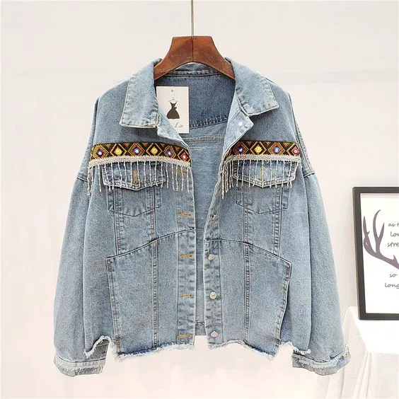 Gypsy Jean Jacket Embroidery Aztec Print Beaded Fringe Lace Tassels 4 Pockets Faded Denim Available In Sizes Small Medium Or Large