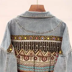 Gypsy Jean Jacket Embroidery Aztec Print Beaded Fringe Lace Tassels 4 Pockets Faded Denim Available In Sizes Small Medium Or Large