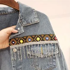 Gypsy Jean Jacket Embroidery Aztec Print Beaded Fringe Lace Tassels 4 Pockets Faded Denim Available In Sizes Small Medium Or Large