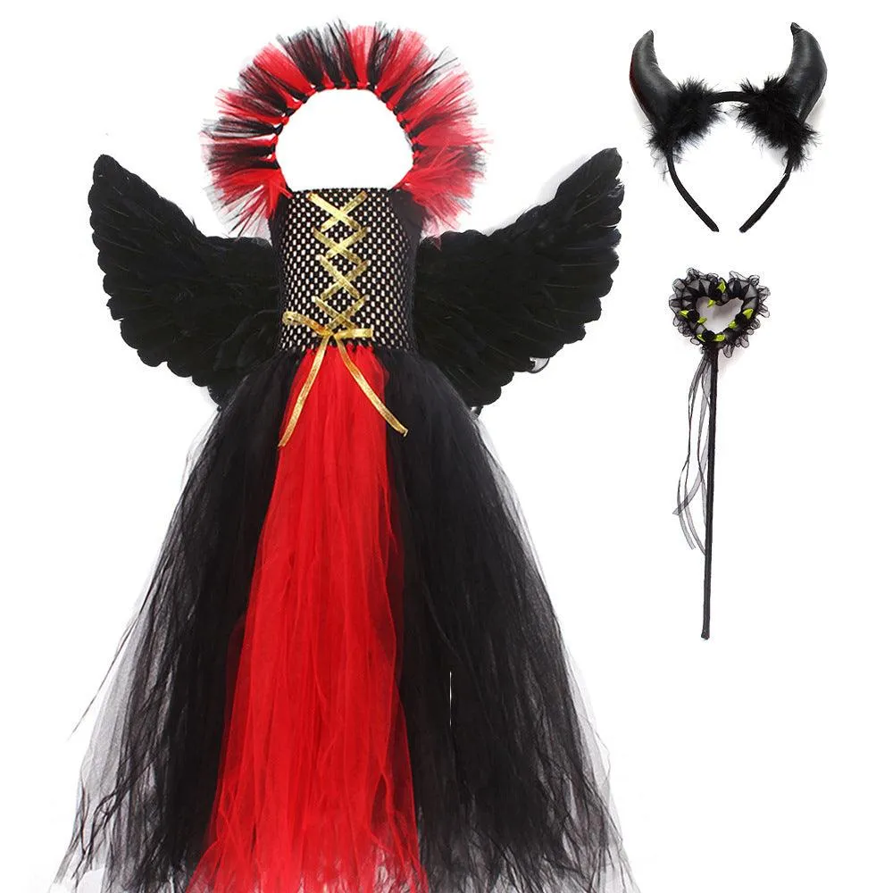 Halloween Party Cartoon Devil Cosplay Girl Princess Dress Black Mesh Strap Evening Dress Wings Headpiece 4-piece Set