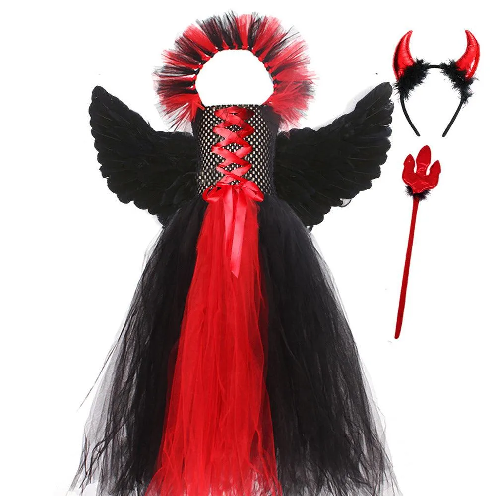 Halloween Party Cartoon Devil Cosplay Girl Princess Dress Black Mesh Strap Evening Dress Wings Headpiece 4-piece Set