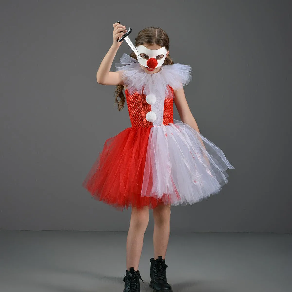 Halloween Party Children's Cosplay Movie Costume Horror Mask White and Red Splicing Mesh Puffy Girl Princess Dress 3-Piece Set